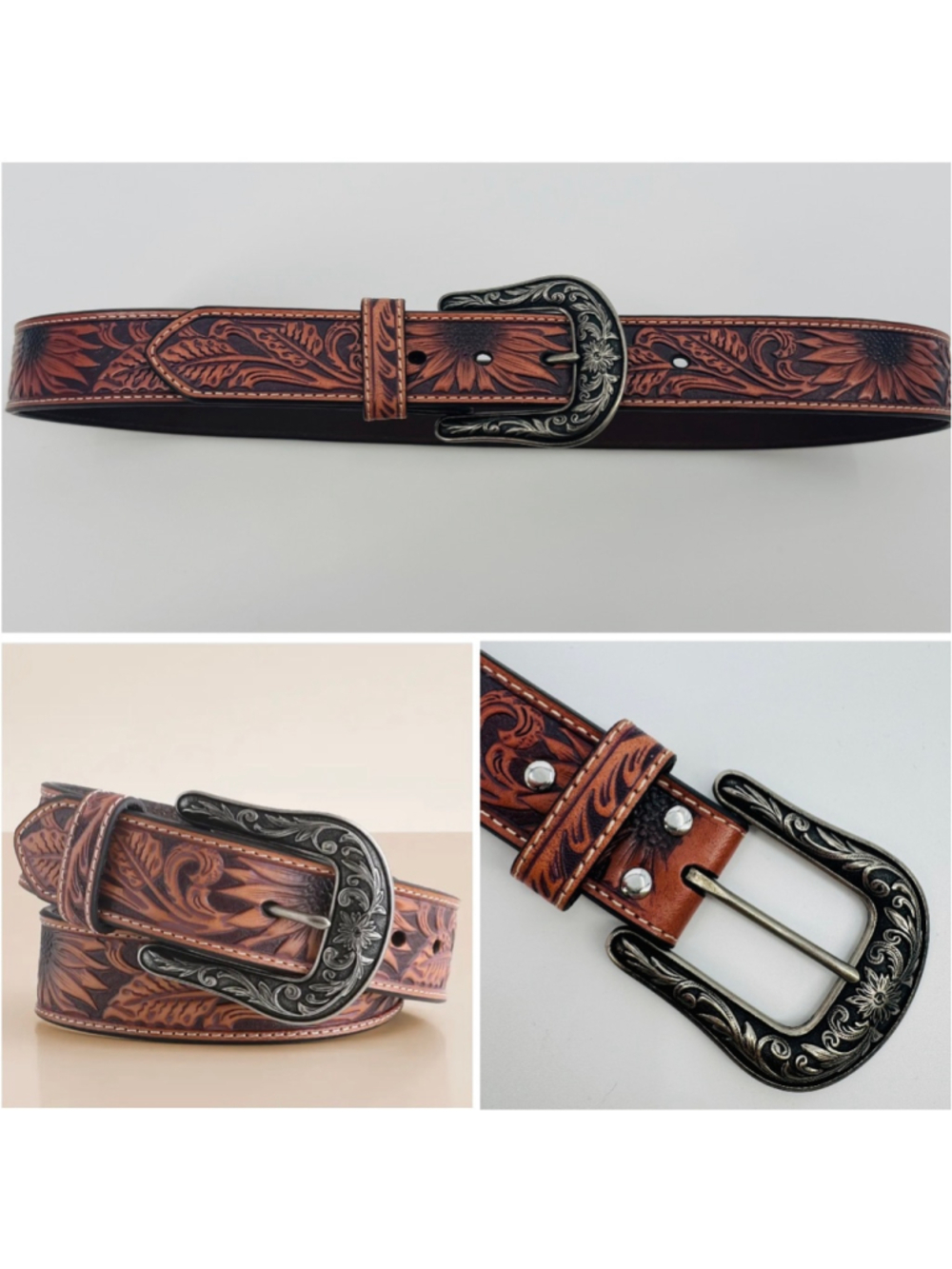 NWOT Women's Nocona Western Sunflower Embossed Leather Belt Brown Silver